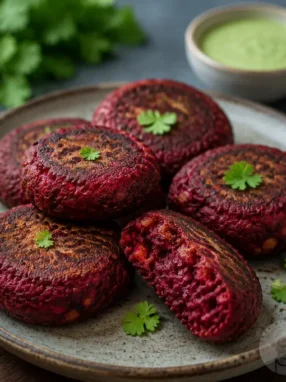 Homemade Beetroot Tikki on a plate.
