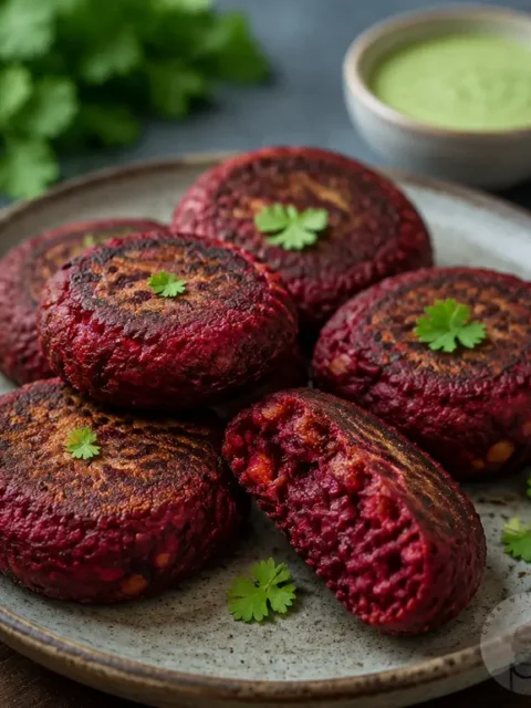 Homemade Beetroot Tikki on a plate.